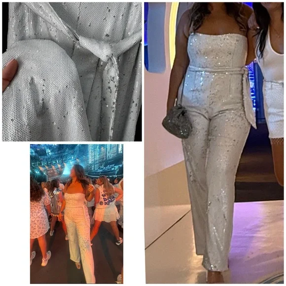dress the population white sequin jumpsuit Bella and Bloom Boutique